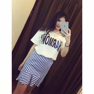 Set áo in nhiệt trễ vai chân váy sọc