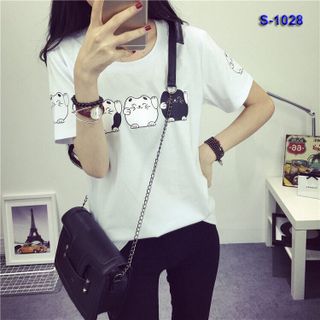 S-1028 áo thun nữ màu trắng in 3 con heo