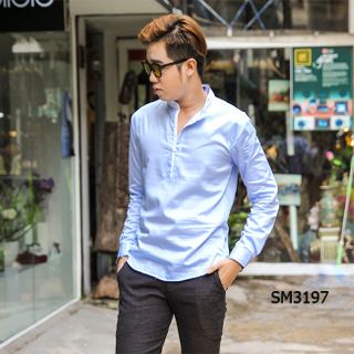 Sm-3197 sơ mi nam tay dài cổ trụ xanh nhạt phối cổ trắng