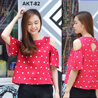 Akt-82 áo kiểu nữ màu đỏ cổ tròn tay bèo