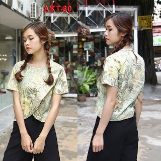 Akt-80 áo kiểu nữ màu xanh họa tiết hoa lá
