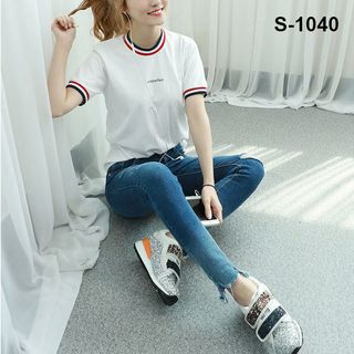 S-1040 áo thun nữ màu trắng viền cổ và tay áo