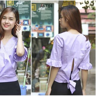 Akt-84 áo kiểu nữ màu trắng cột nơ phía sau