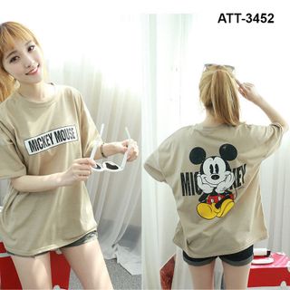 Att-3452 áo thun nữ nâu in chữ mickey mouse