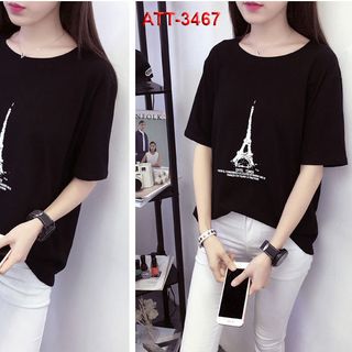 Att-3468 áo thun nữ màu hồng in hươu cao cổ
