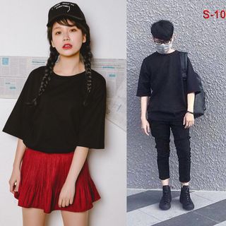 Áo thun cặp nam nữ kiểu form rộng tay lỡ trơn xám
