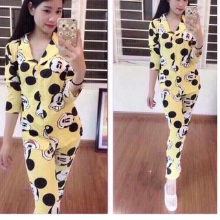 xưởng sỉ -  set bộ mặc nhà quần dài in mickey sỉ 110k lẻ 210k chất thun cotton 4 chiều dành cho người dưới 53kg màu sắc vàng xanh hồng sen hồng phấn giá sỉ