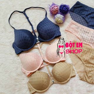 Bộ lót pink dear quai chữ y cài trước ren caro chìm sa002