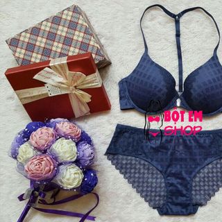 Bộ lót pink dear quai chữ y cài trước ren caro chìm sa002