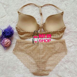 Bộ lót pink dear quai chữ y cài trước ren caro chìm sa002