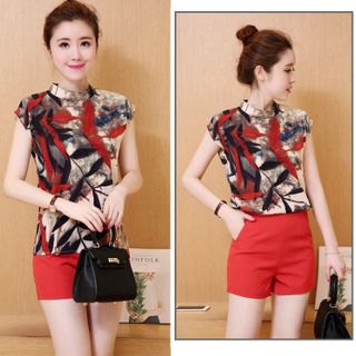 Set short áo họa tiết cổ lọ tròn