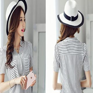 Áo sơ mi sọc cổ trụ phối túi - s120