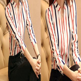 Áo sơ mi sọc đỏ xanh đen cổ trụ - s115