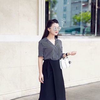 Set áo sơ mi voan sọc chân váy đắp chéo - s155