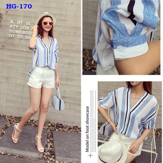 Sơ mi nữ cổ tim kiểu sọc xanh