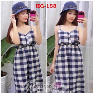 Đầm caro 2 dây nút gỗ