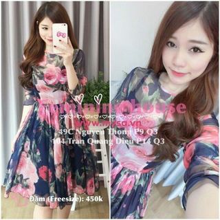 Đầm xoè tay con in hoa