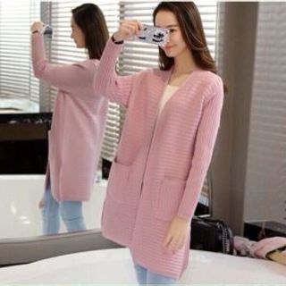 Áo khoác len dài sọc gân phối 2 túi