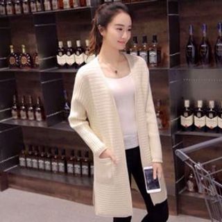Áo khoác len dài sọc gân phối 2 túi