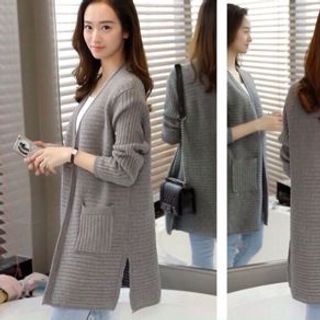 Áo khoác len dài sọc gân phối 2 túi