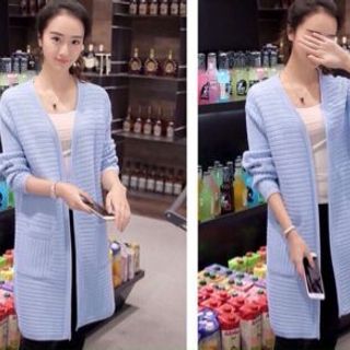 Áo khoác len dài sọc gân phối 2 túi