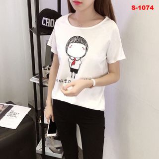 Thun nữ tay ngắn cổ tròn may túi in mặt mèo