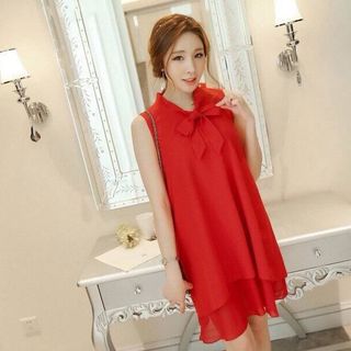 Đầm suông 2 lớp thắt nơ