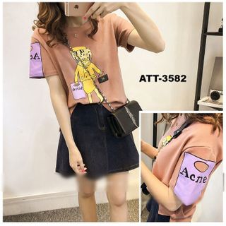 Áo thun nữ màu hồng in con mèo