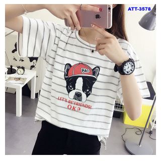 Att-3578 áo thun nữ trắng sọc đen in chon chó chữ big