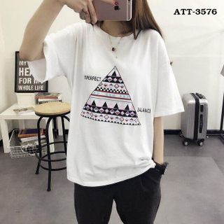 Att-3578 áo thun nữ trắng sọc đen in chon chó chữ big