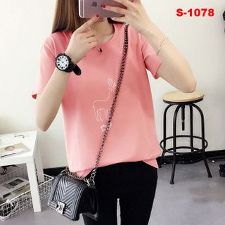 S-1091 áo thun nữ màu hồng in tai thỏ