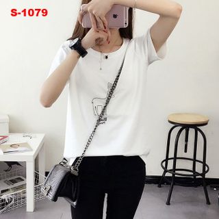 S-1091 áo thun nữ màu hồng in tai thỏ