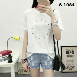 S-1091 áo thun nữ màu hồng in tai thỏ