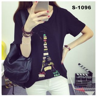 S-1096 áo thun nữ màu đen in họa tiết tháp paris