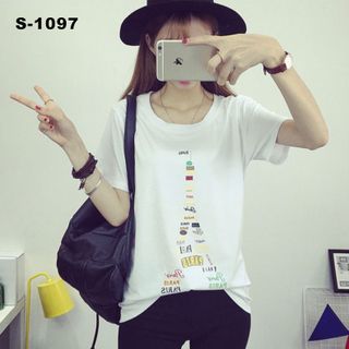 S-1097 áo thun nữ màu trắng in họa tiết tháp paris