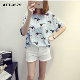 Att-3579 áo thun nữ màu xanh in nhiều con chó