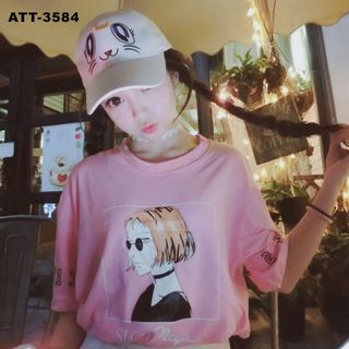 Att-3579 áo thun nữ màu xanh in nhiều con chó