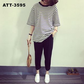 Att-3595 áo thun nữ sọc đen viền cổ