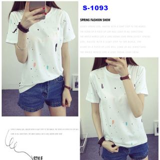 S-1093 áo thun nữ màu trắng vẩy mực