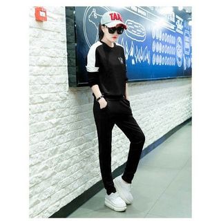 Set bộ thu đông thêu logo cổ tròn tay dài phối màu