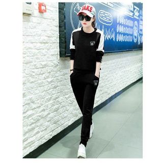 Set bộ thu đông thêu logo cổ tròn tay dài phối màu