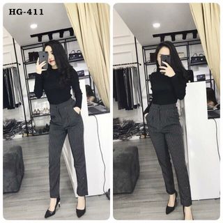 Hg-411 quần baggy nữ kẻ sọc màu đen