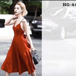 Hg-443 đầm dây thắt nơ màu cam đất