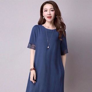 Đầm suông tay ngắn ren viền