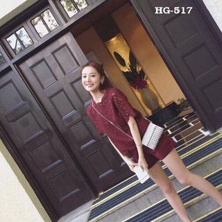 Hg-517 sét bộ áo ren quần short basic màu đỏ cherry