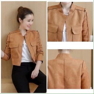 Áo khoác da lộn cổ trụ tay dài phối túi cực chất