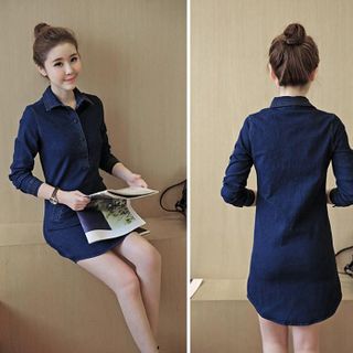 Đầm jean cổ sơ mi tay dài xanh jean
