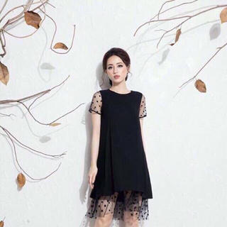 Đầm suông xoè phối lưới bi y hình 100