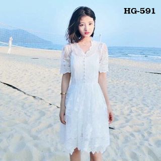 Hg-591 đầm ren cổ tim răng cưa màu trắng