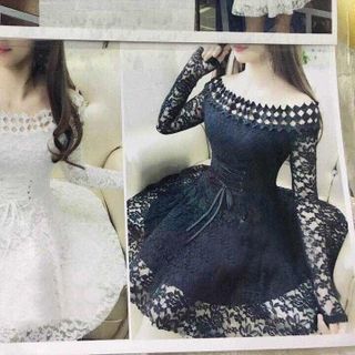 Hg-578 đầm ren trễ vai thắt eo 2 màu
